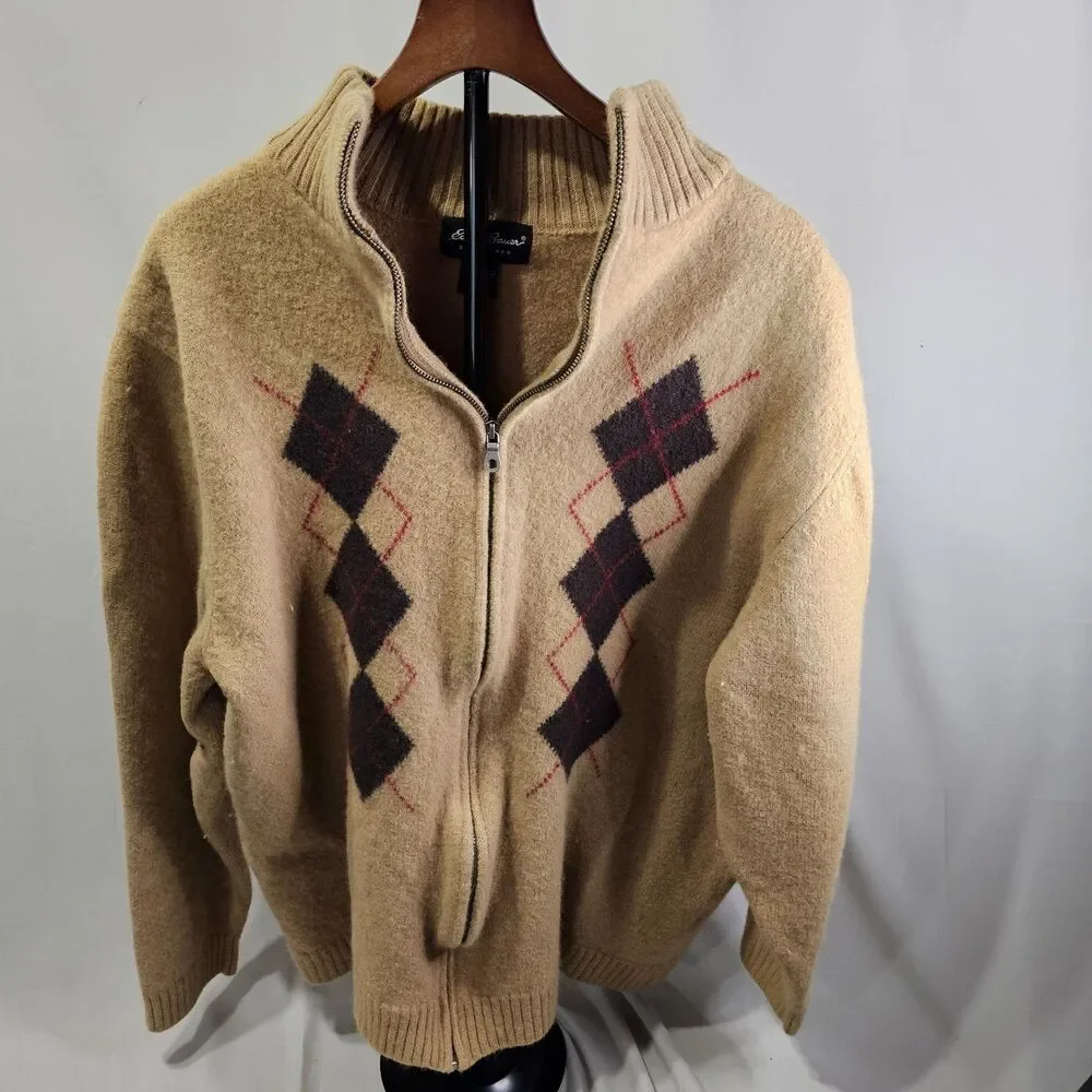 Eddie Bauer Sweater Mens 100% Merino Wool Brown Argyle Zip Mock Neck XXXL TALL